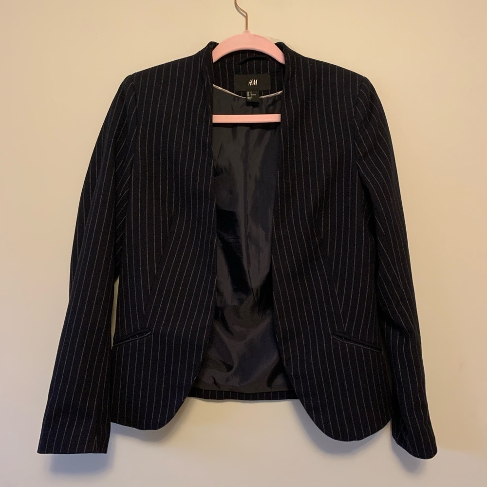 H&M Navy Blue Pinstripe Fitted Blazer - Size 6